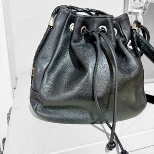 Valerie Stevens Black Leather Drawstring Bucket Crossbody Bag